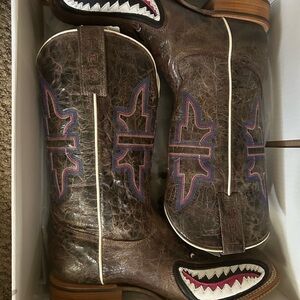 Tin Haul Brown Heeled Boots with Blue and Red Accents